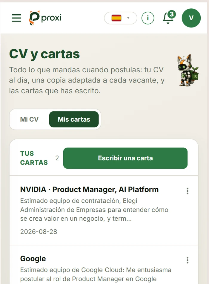 Pantalla «Mis cartas» en el móvil, con las cartas ya escritas y el botón para empezar una nueva. Captura del producto