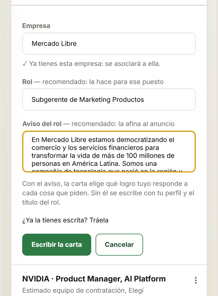Formulario para escribir una carta: la empresa, el rol y el recuadro donde se pega el aviso del puesto. Captura del producto