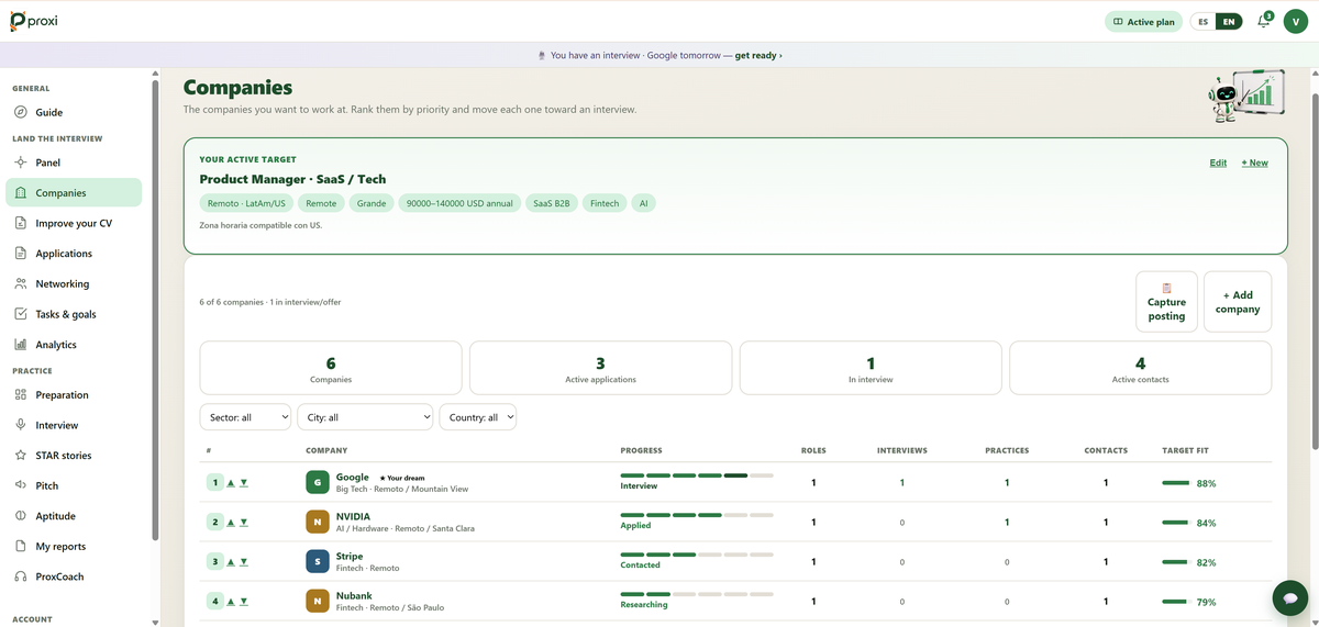 Company pipeline ranked by priority, with progress and target fit — product screenshot