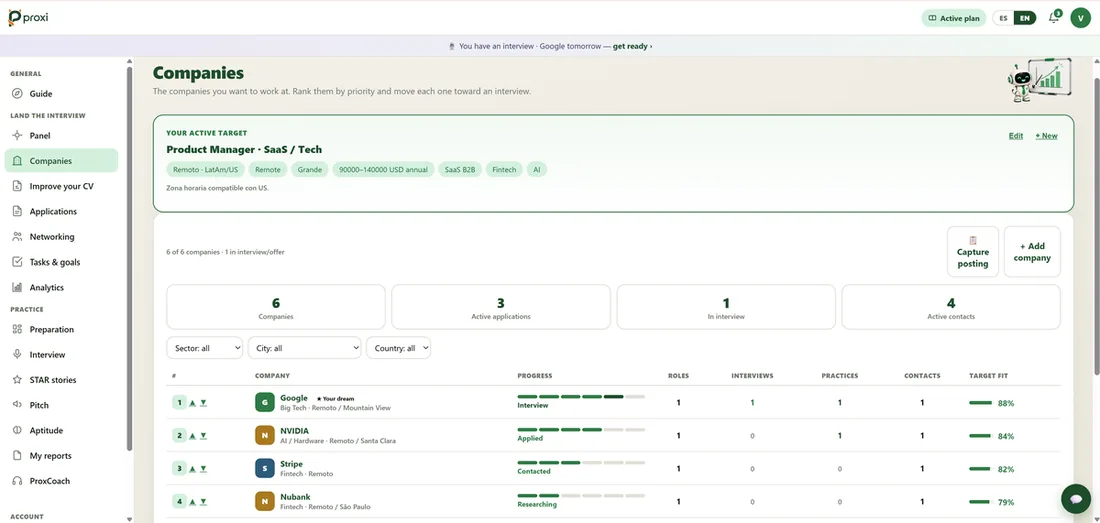 Tablero de Empresas en ProxiCoach ordenado por porcentaje de encaje con el objetivo