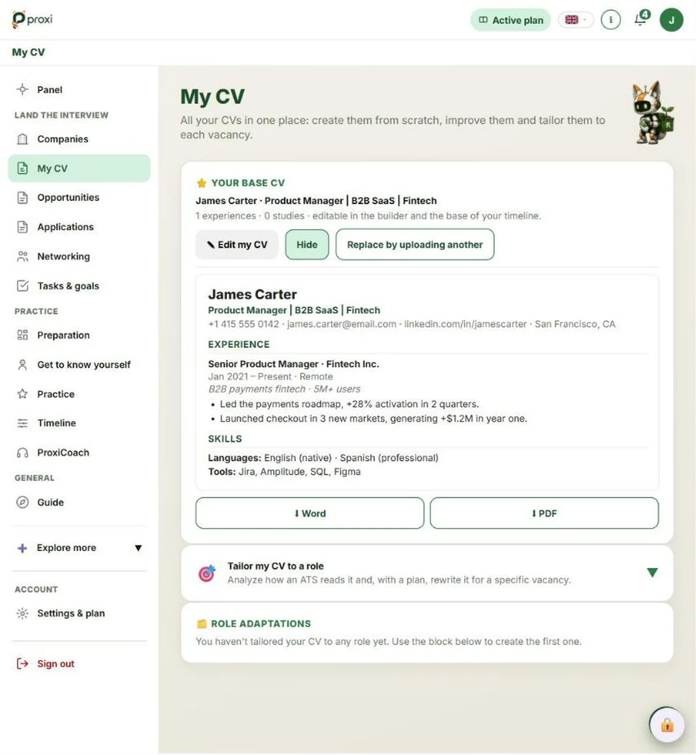 Adaptar mi CV a un rol en ProxiCoach: el CV base y sus adaptaciones por rol