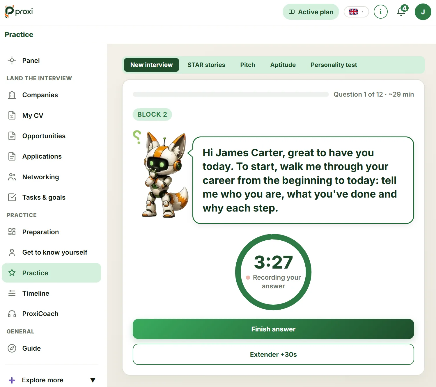 A practice interview running in Proxi: the question, the timer and your answer being recorded