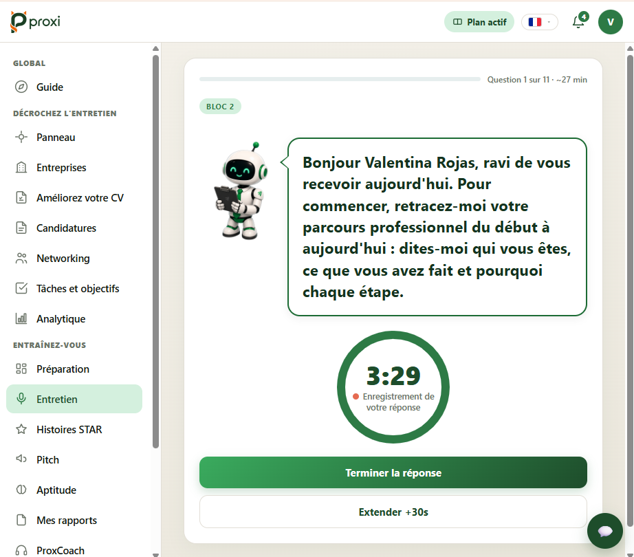 Entretien à l'oral en cours : le recruteur IA pose une question et enregistre votre réponse avec un minuteur