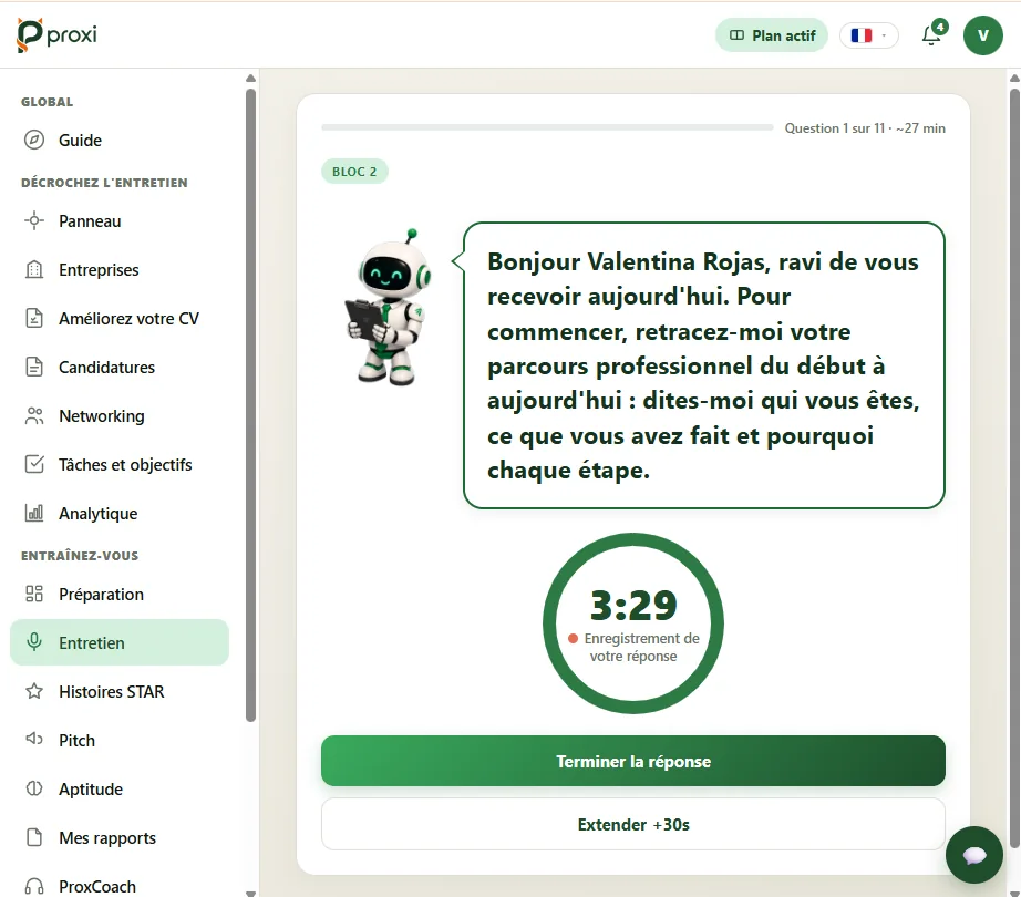 Entretien d'entraînement en cours dans Proxi : la question, le chronomètre et l'enregistrement de votre réponse