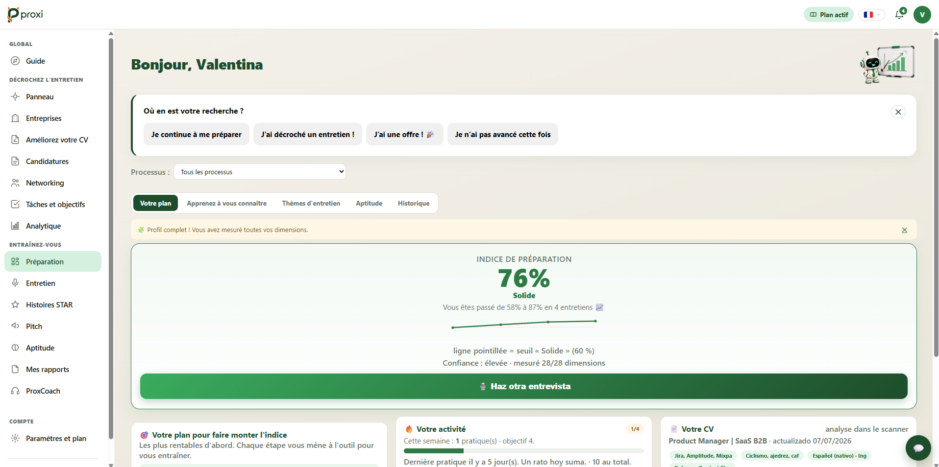 Feedback par dimensions avec votre Indice de Préparation — capture du produit