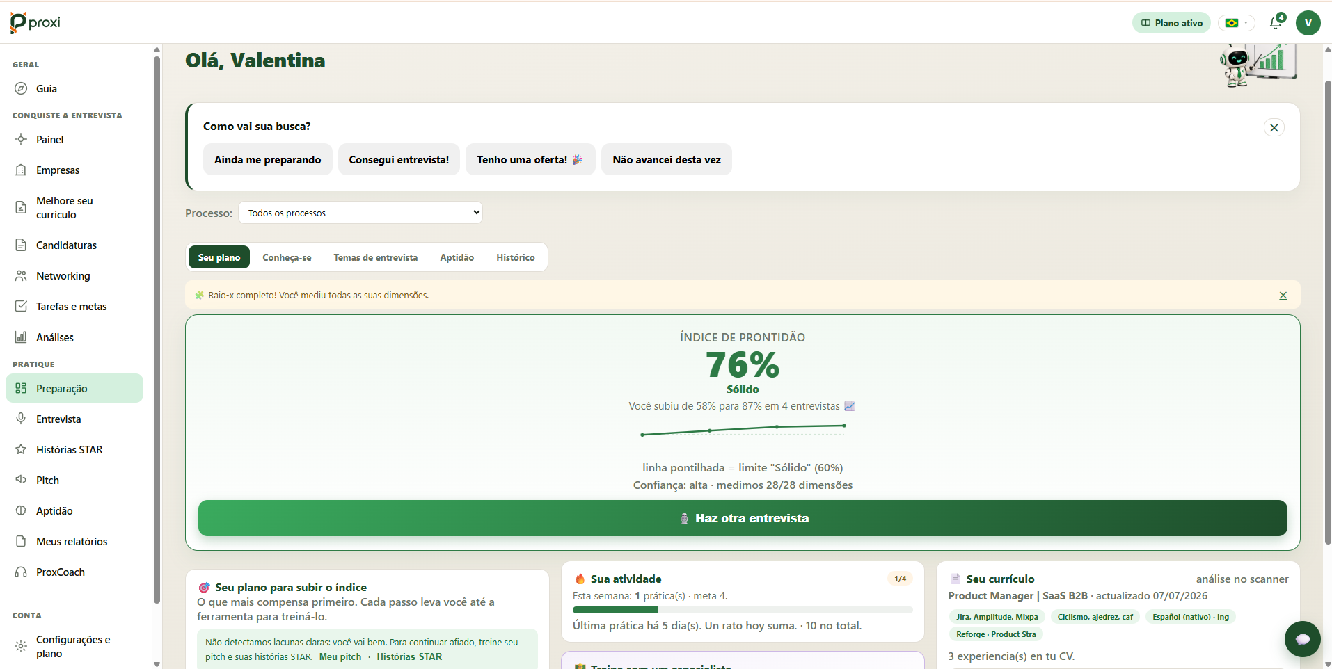 Feedback por dimensões com seu Índice de Preparação — captura do produto