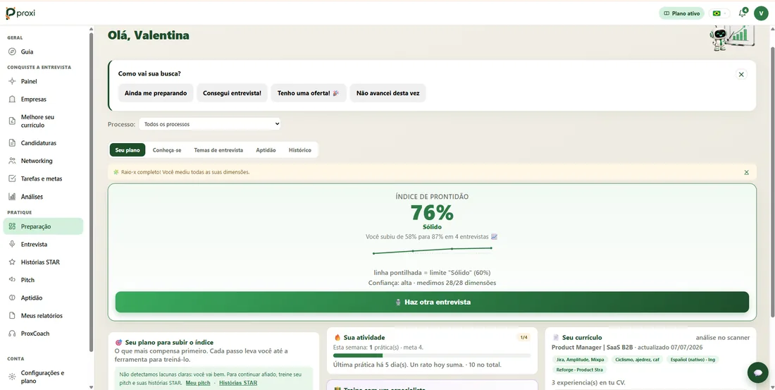 Feedback por dimensões com seu Índice de Preparação — captura do produto