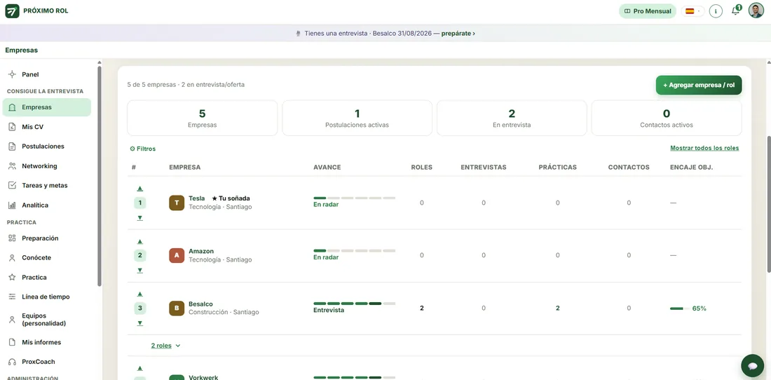 Vista de una empresa objetivo en ProxiCoach: misión, tendencias, noticias y 'por qué esta empresa'