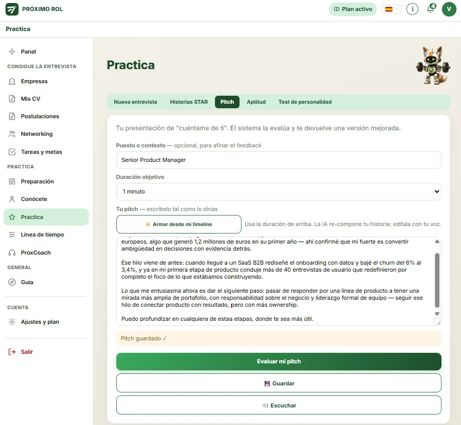 Armador de pitch en ProxiCoach con la estructura Presente, Pasado y Futuro